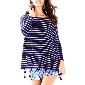 Lilly Pulitzer White & Navy Elba Boat Neck Stripe Pullover Sweater Size XXS XS